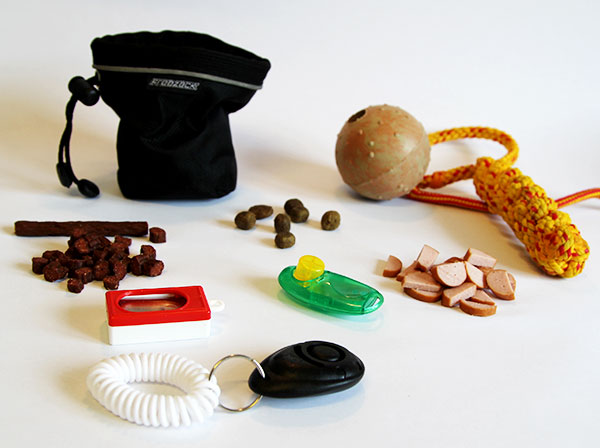 Futterbeutel, Spielsachen, diverse Leckerlis und natürlich Clicker.